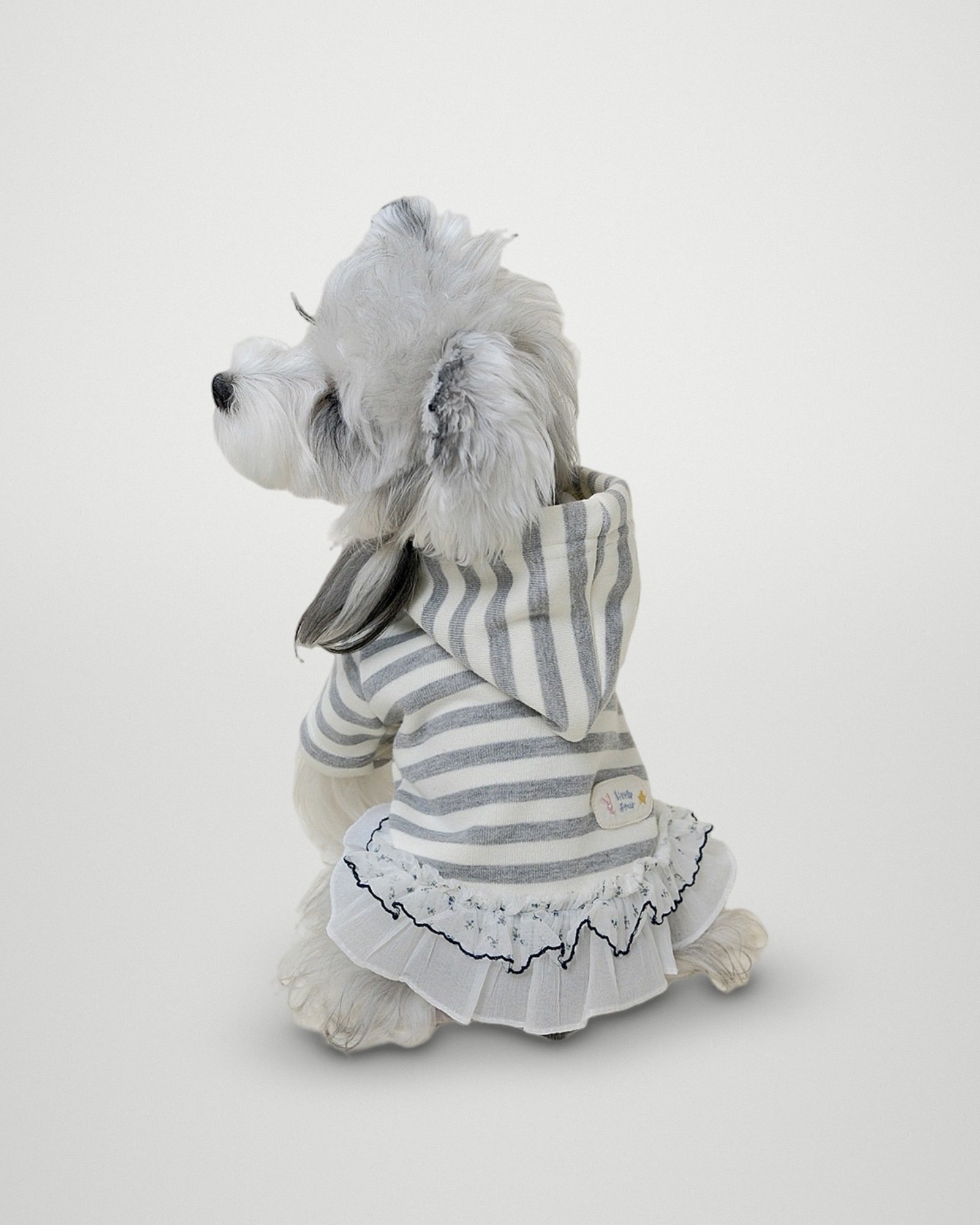 Striped Ruffle Hoodie Dress – Light Grey